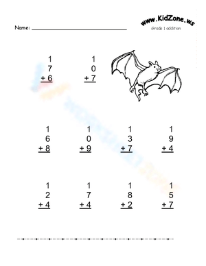 Grade 1 Addition Bat Halloween Worksheet