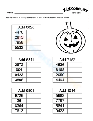 Four-Digit Number Math Tables Worksheet