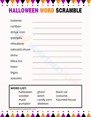 Halloween Word Scramble Educational Worksheet