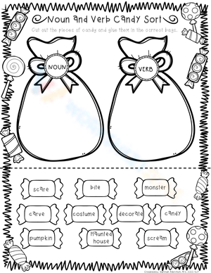 Halloween Grammar: Noun and Verb Candy Sort Worksheet