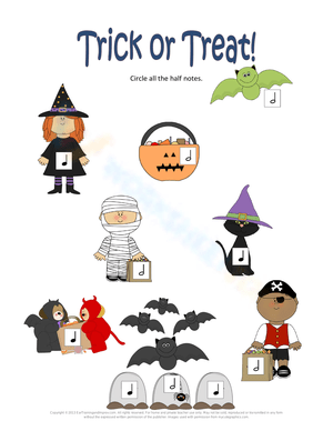 Trick or Treat Rhythms Worksheet for Music Education