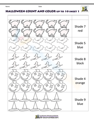 Count and Color Up to 10 Halloween Worksheet