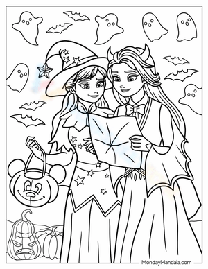 Frozen Elsa & Anna Halloween Coloring Page