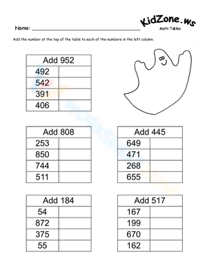 Math Tables ADDITION Three Digits