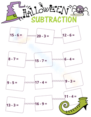 Halloween Subtraction Under 20 Worksheet