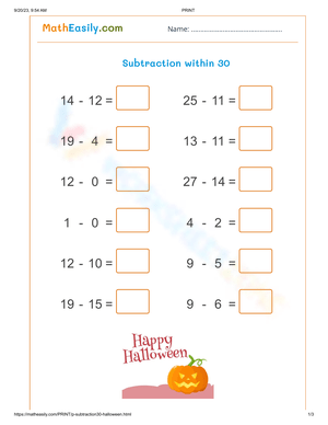 Subtraction Within 30 Worksheet
