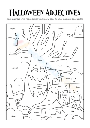 Halloween Adjectives Coloring Worksheet