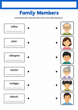 Printable Family Members Matching Worksheet | Grade 1