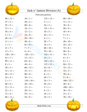 Have Fun with Jack-O-Lantern Division Worksheet