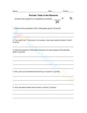 Periodic Table Questions Worksheet