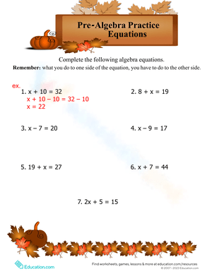Solve Pre-Algebra Equations with this Worksheet