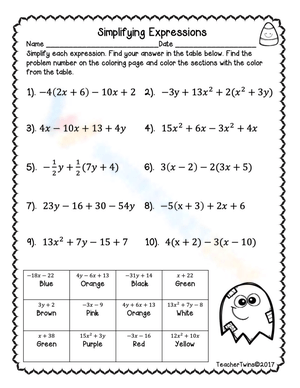 Halloween Simplifying Expressions Coloring Worksheet