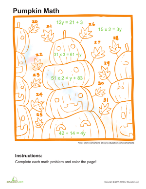 Algebra Pumpkin Math: Coloring Page