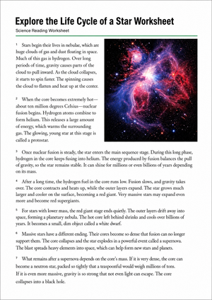 Essential Life Cycle of a Star Worksheet | Grades 6-9