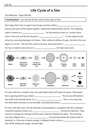 Grade 8 Star Life Cycle — Printable No-Prep Worksheet