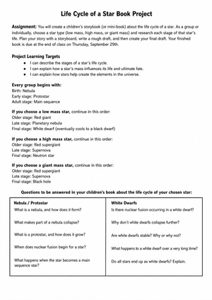 Grade 9 Star Life Cycle — Printable No-Prep Worksheet