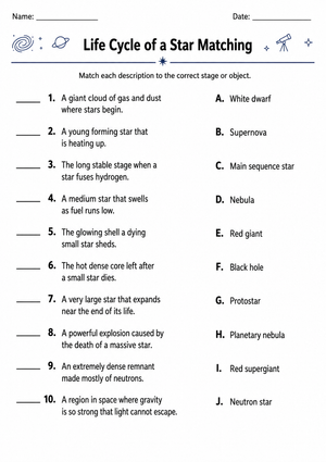 Life Cycle of a Star Matching | Essential Science Worksheet