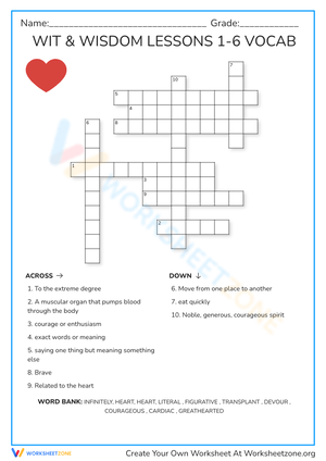 Wit and Wisdom Vocabulary Crossword Review