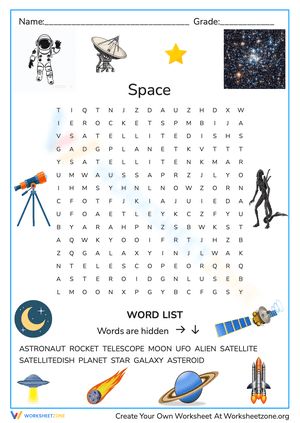Space-Themed Word Search Worksheet