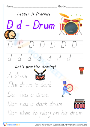 Letter D is for Drum! Alphabet Tracing Practice Worksheet