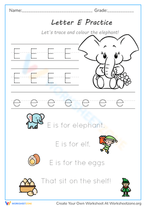 Elephant Fun! Letter E Tracing Practice Worksheet
