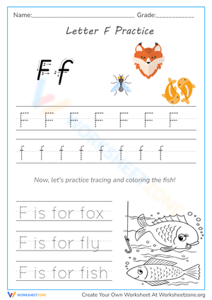 Fox, Fly, Fish! Fun with Letter F Tracing Worksheet