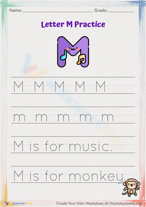 Letter M Writing Practice: Music and Monkey