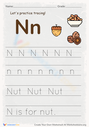 Letter N Tracing Practice - 'N is for Nut' Handwriting Fun
