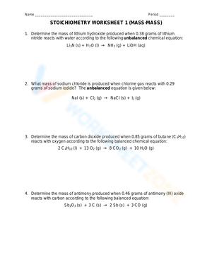 Stoichiometry Mass-to-Mass Worksheet