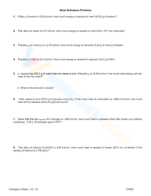 Molar Enthalpies Problems Worksheet