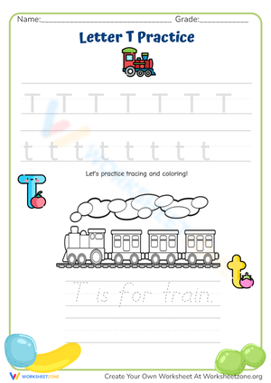 Letter T Tracing Practice - Train Theme Handwriting Worksheet