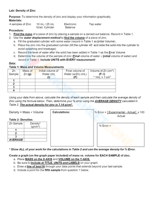 Lab: Determining Density of Zinc Worksheet