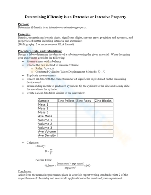 Density: Extensive vs. Intensive Properties Worksheet