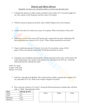 Density and Metric Review Comprehensive Worksheet