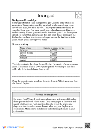 Density of Gases Science Worksheet