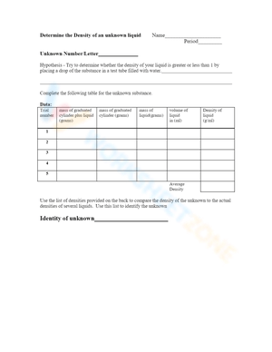 Determine Density of Liquid Worksheet