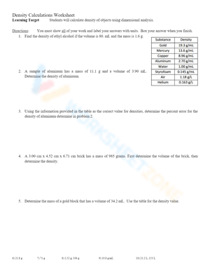 Density Calculations Practice Worksheet