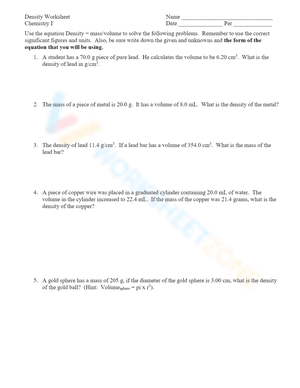 Chemistry Density Worksheet