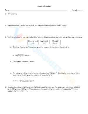 Prepare with Density Pre-Lab Worksheet