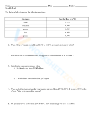 Mastering Specific Heat Worksheet