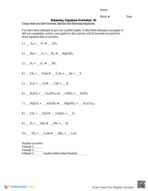 Balancing Equations Worksheet