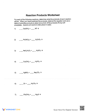 Reaction Product Worksheet