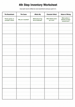4th Step Inventory Worksheet