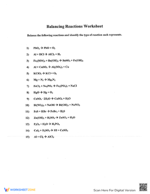 Balancing Chemical Reactions Worksheet