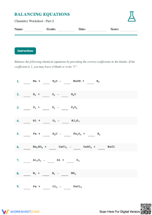 Balancing Equations Worksheet Part 2