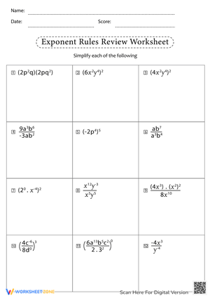 Exponent Rules Worksheet for Math Students