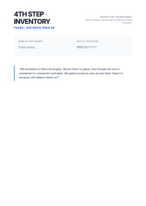 4th Step Inventory: Fear Worksheet