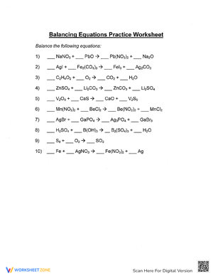 Balancing Equations Practice Worksheet for Algebra