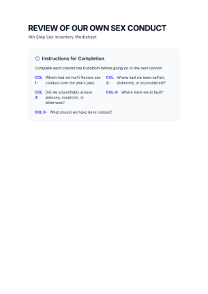 4th Step Sex Inventory Worksheet