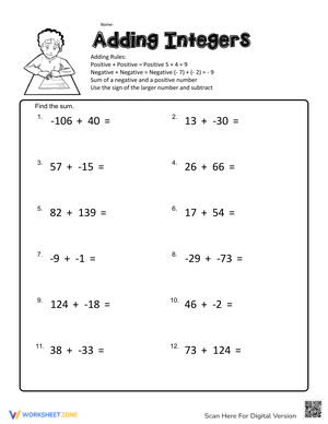 Adding Integers – Educational Math Worksheet for Kids